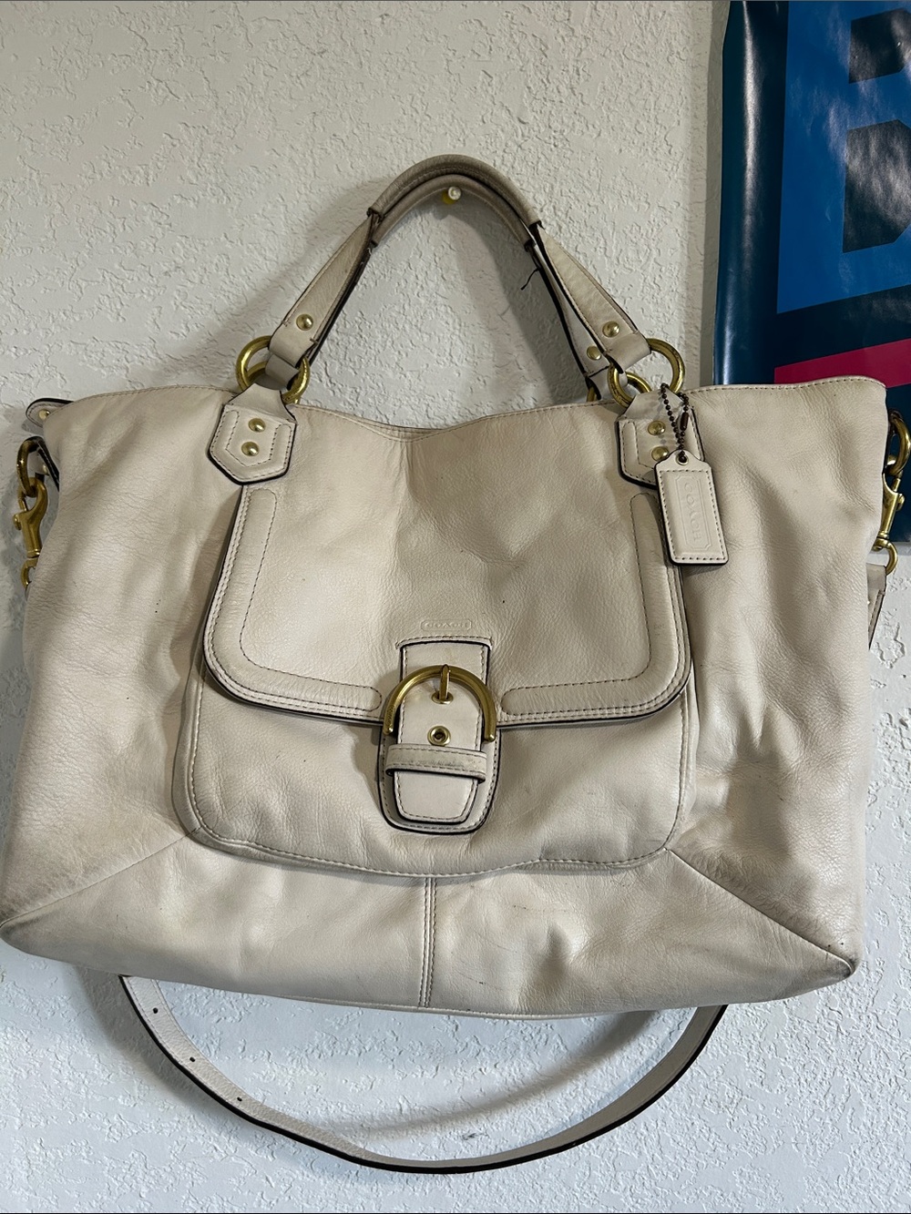 Coach Cream Leather Shoulder Tote with Buckle Detail
